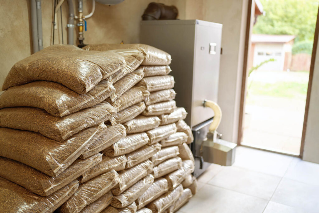 Biomass pellet fuel storage for central heating